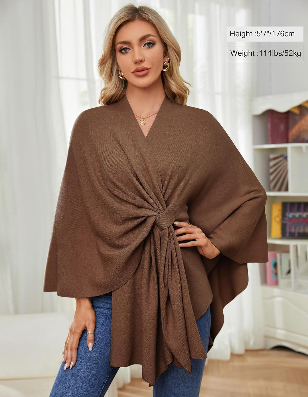PULI Damen Elegant Poncho Strick Ponchos Capes Vorne öffnen Vielseitige Schalwickel mit Lasche Karam