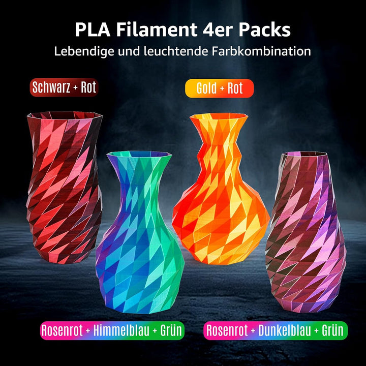 dikale Silk 3D Printing Filament PLA+ Tricolor und Dual Color 4-Pack Bundle, 1.75mm 3D Printing PLA