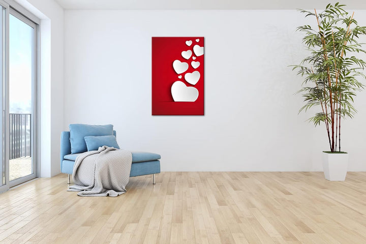 deyoli rubinrote Karte mit weissen Herzen im Format: 80x60 als Leinwandbild, Motiv fertig gerahmt au