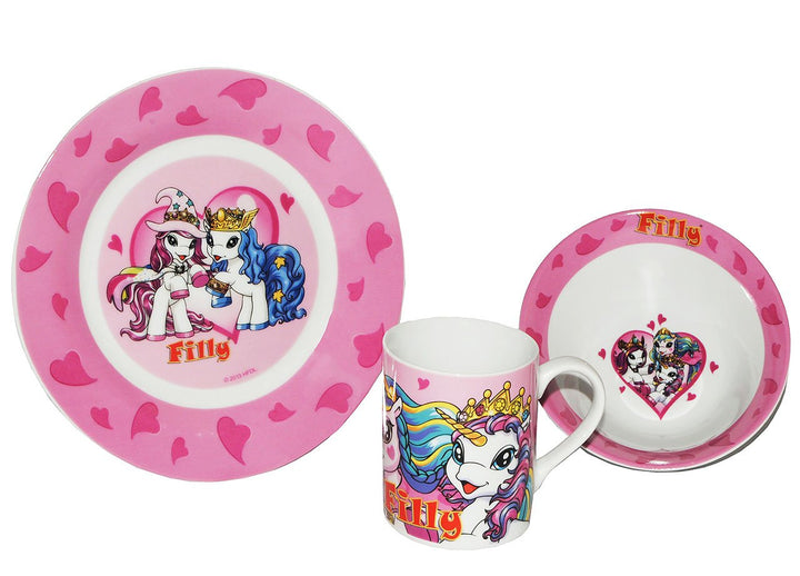 3 TLG. Geschirrset - Filly Pferde aus Porzellan - Keramik Trinktasse Teller - Kindergeschirr - Frühs