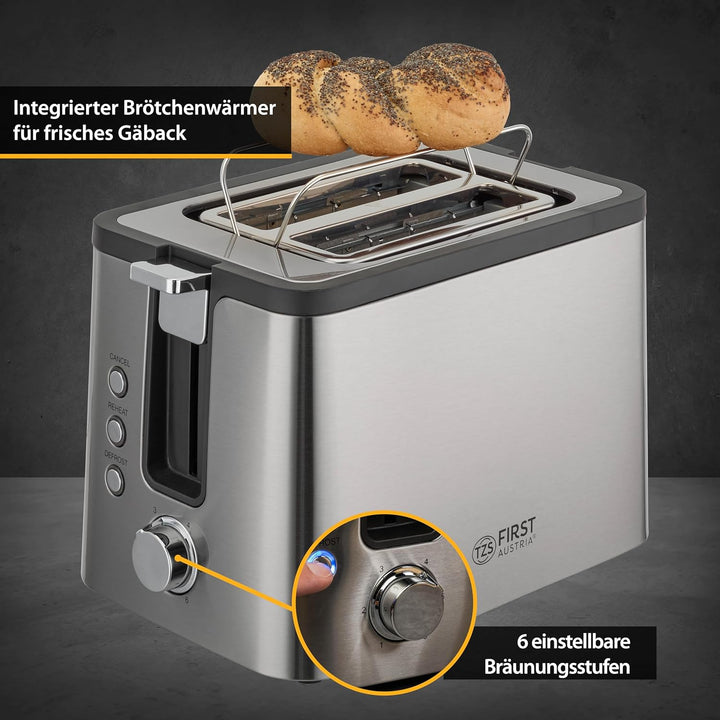 TZS First Austria Edelstahl 2-Scheiben Toaster | 6 Bräunungsstufen, Auftau- und Aufwärmfunktion | in