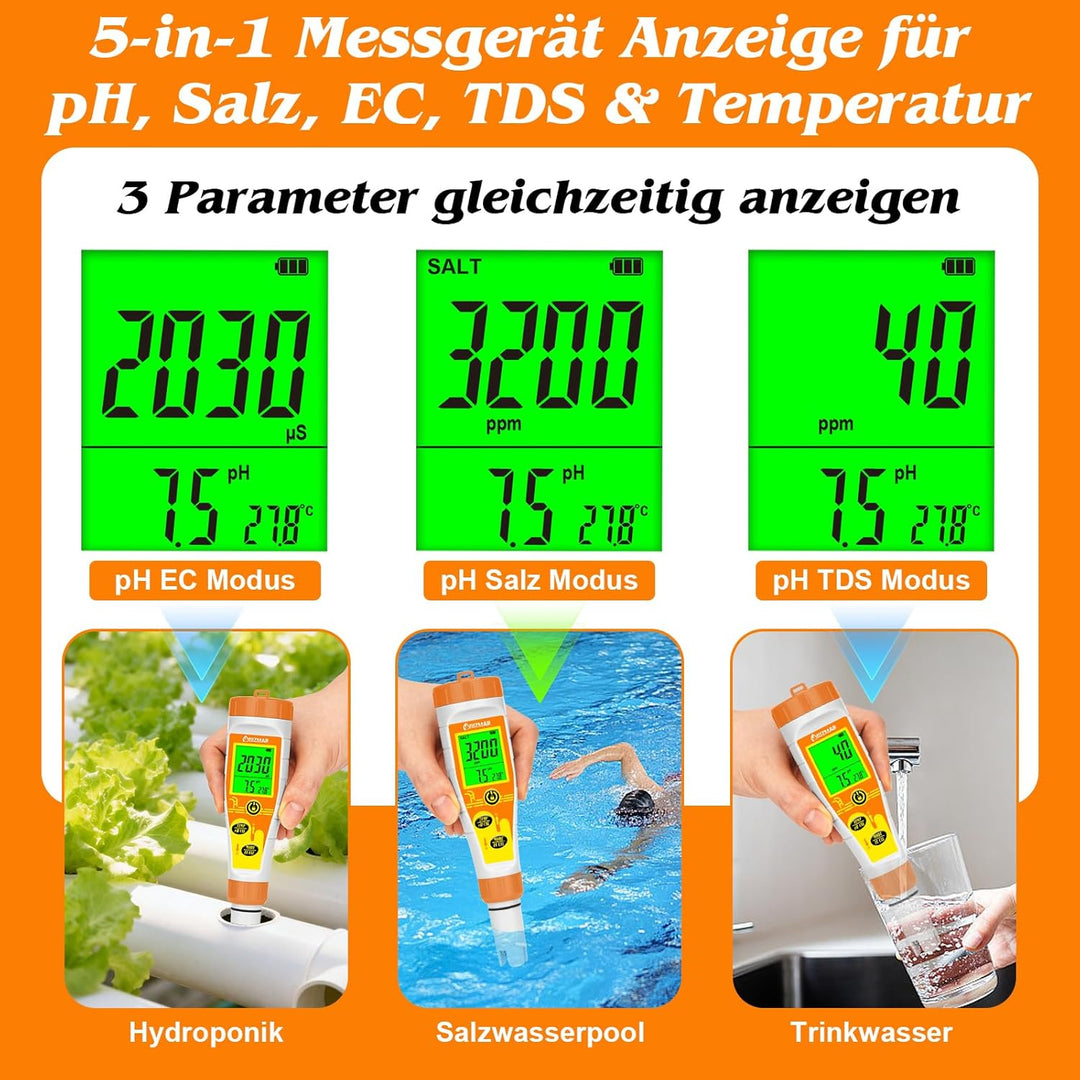 Pool pH Messgerät und Salzgehalt Messgerät für Salzwasserpools, Digitales Poolwassertester mit 12.88