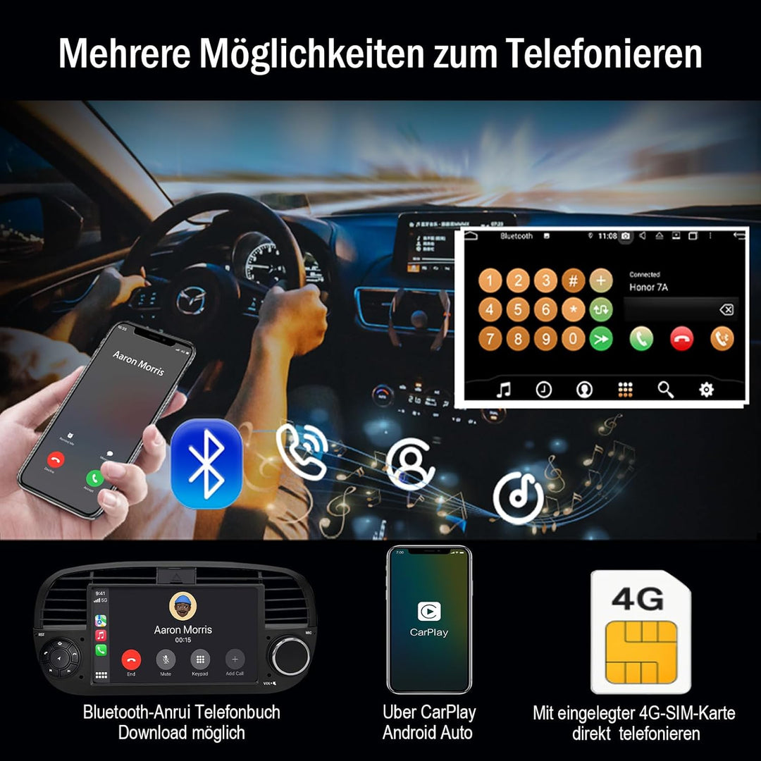 8-Kern 4GB+64GB Autoradio für FIAT 500C 2007–2015, 7" Touchscreen, Navigation GPS, Wireless CarPlay