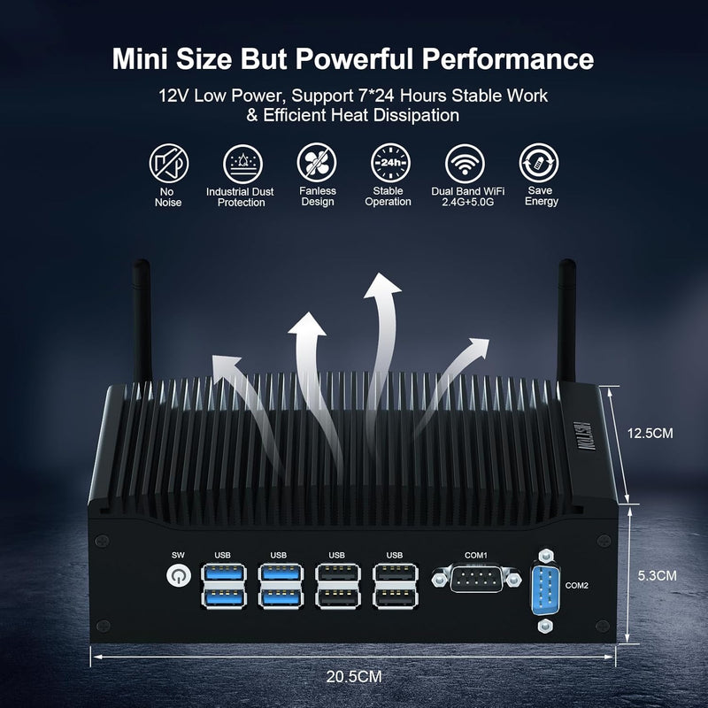 HISTTON Lüfterlos Mini PC Industrie PC, Dual Core i5-8265U, DDR4 16 GB RAM 512 GB SSD, 2 RS232 COM,