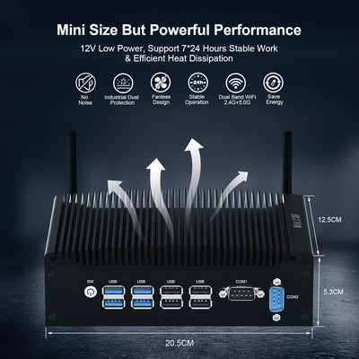 HISTTON Dual Core Lüfterlos Mini PC, Industrie PC Core i5-8265U, DDR4 8GB RAM 256GB SSD, Dual LAN, W