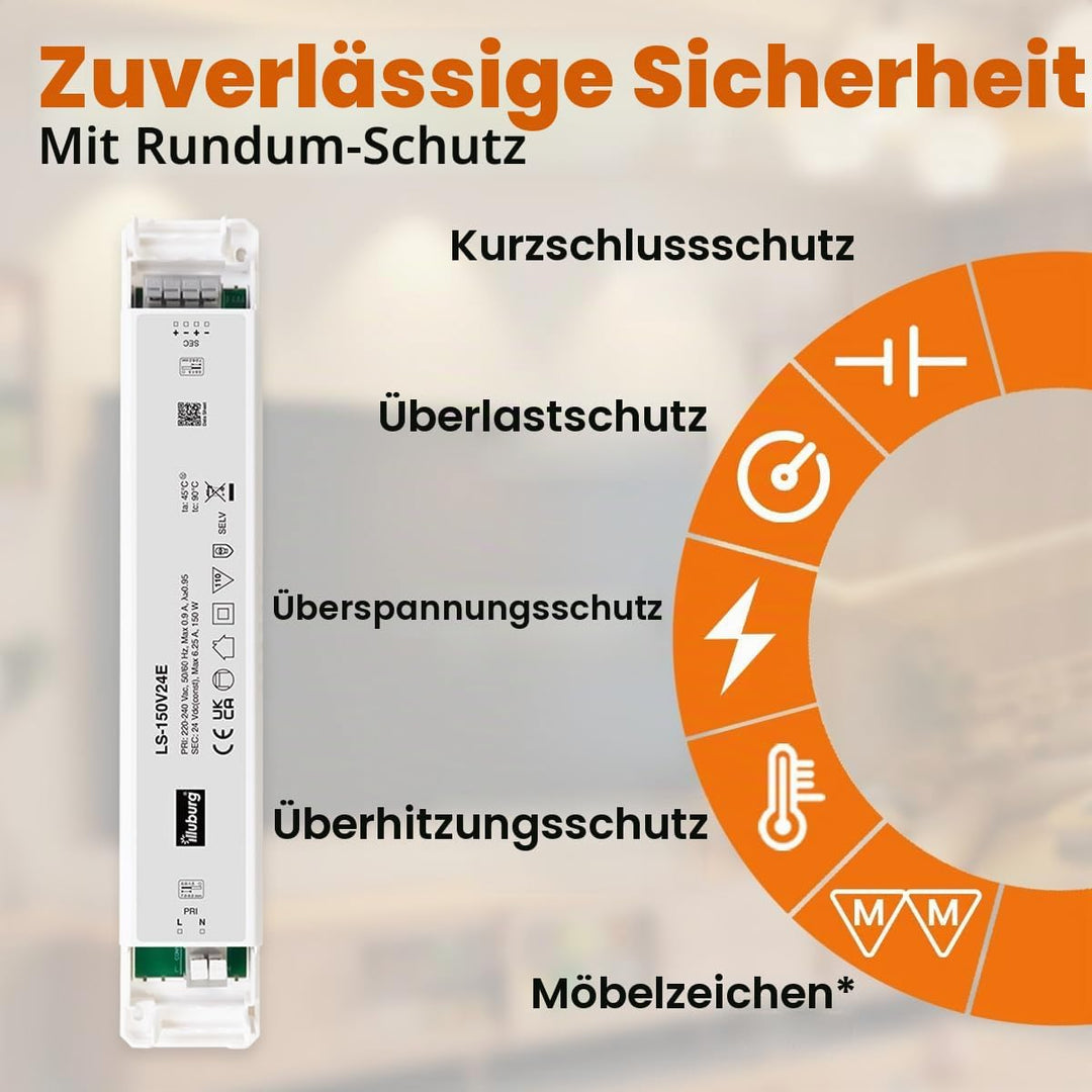illuburg LED Trafo 24V 150W Flackerfrei für LED Strip Lampe LED Netzteil Treiber Transformator Drive
