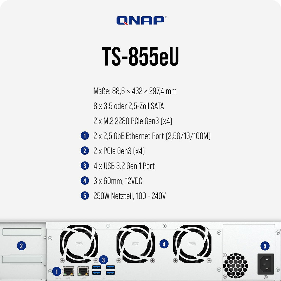 QNAP NAS TS-855eU-8G 8bay 2HE (2U Rackmount NAS mit kurzer Einbautiefe und 8-Core Rechenleistung für