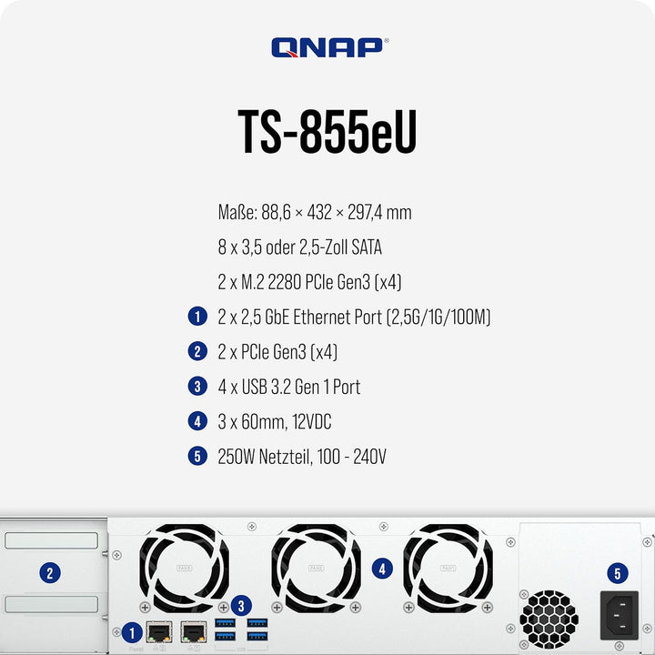 QNAP NAS TS-855eU-8G 8bay 2HE (2U Rackmount NAS mit kurzer Einbautiefe und 8-Core Rechenleistung für