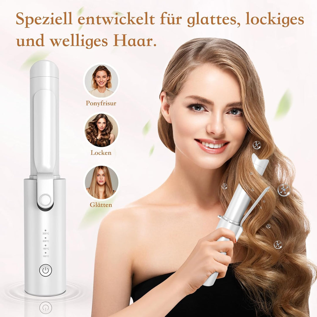 Kabellose Lockenstabbürste, Tragbare Reise Lockenstab, 6800 mAh USB-aufladbare Mini Lockenbürste Sty