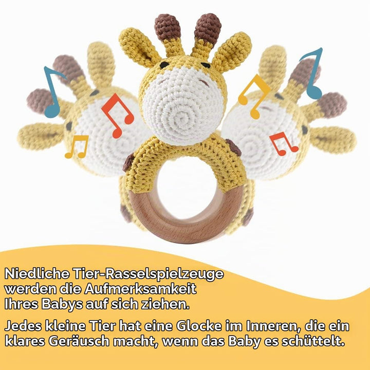 Youuys Babyrassel Gehäkelte Holz Häkeln Tiere Greifling Baby Holz Rassel Baby mit Sound Handmade Ras