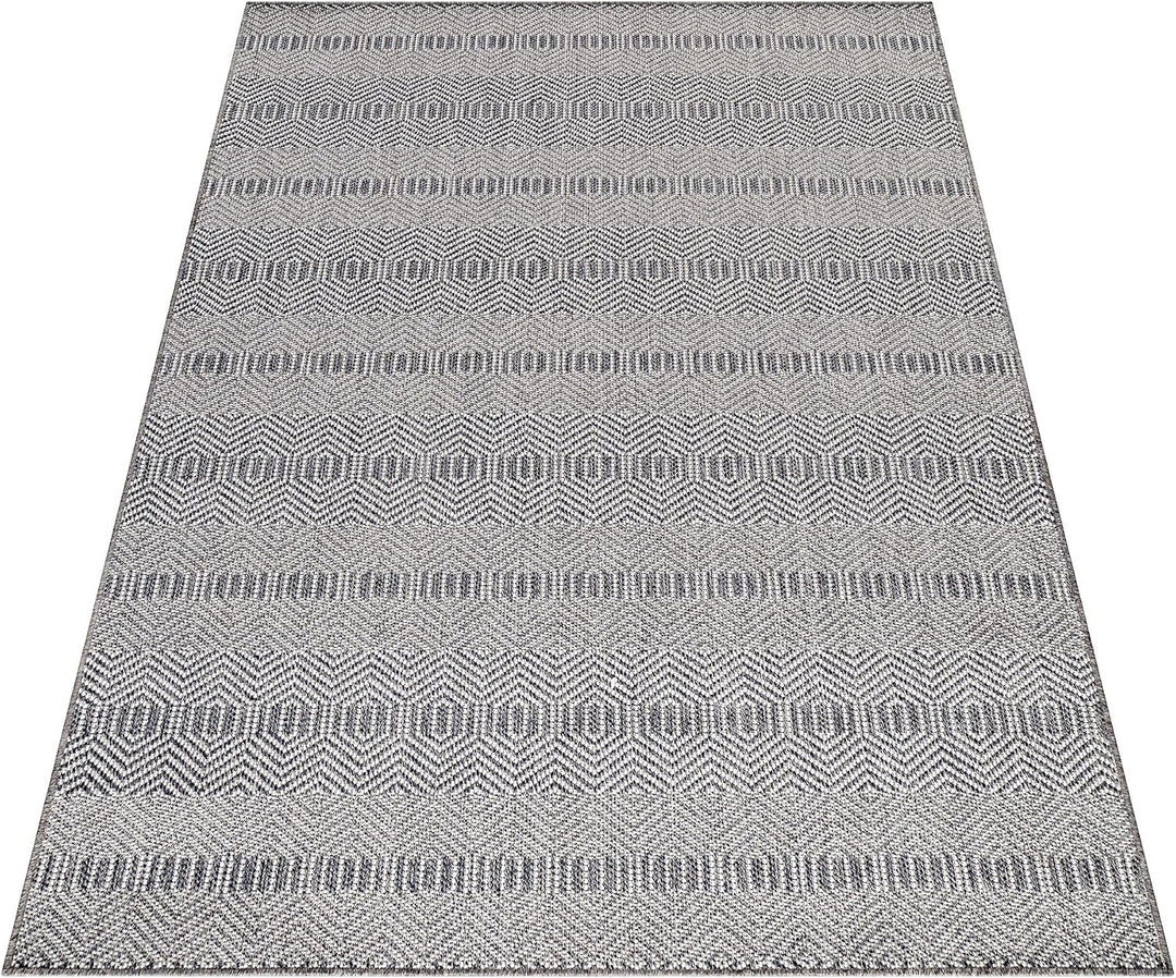 In- &amp; Outdoor Teppich Robuster, Ethno Look Boho Design, Rechteckig, Grau und Creme Farbe, Flachgeweb