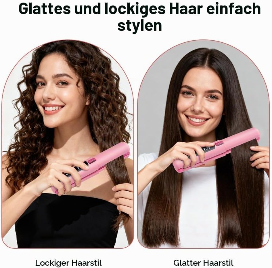 2 in 1 Glätteisen, 4500mAh Haarglätteisen, Kabellos Haarglätter, Keramik-Turmalin-Beschichtung, Weni