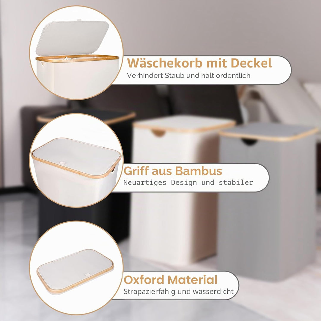 iEGrow Wäschekorb150L XL-Extra Gross 2 Fächer Wäschesammler mit Bambusgriff und Deckel, Laundry Bask