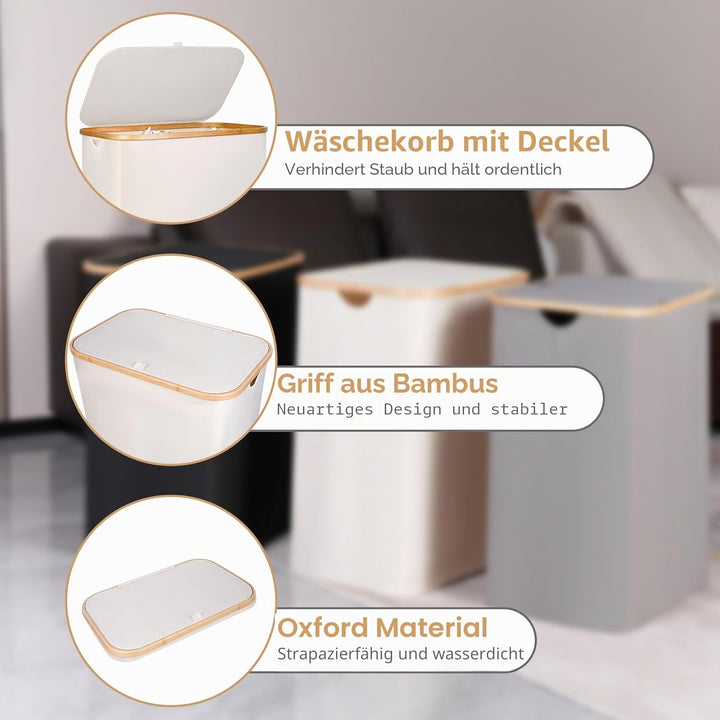 iEGrow Wäschekorb150L XL-Extra Gross 2 Fächer Wäschesammler mit Bambusgriff und Deckel, Laundry Bask