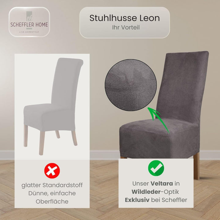 SCHEFFLER-Home Stuhlhussen 6er Set Leon Grau/elastische Wildleder Hussen für Stühle/Robustes Freisch