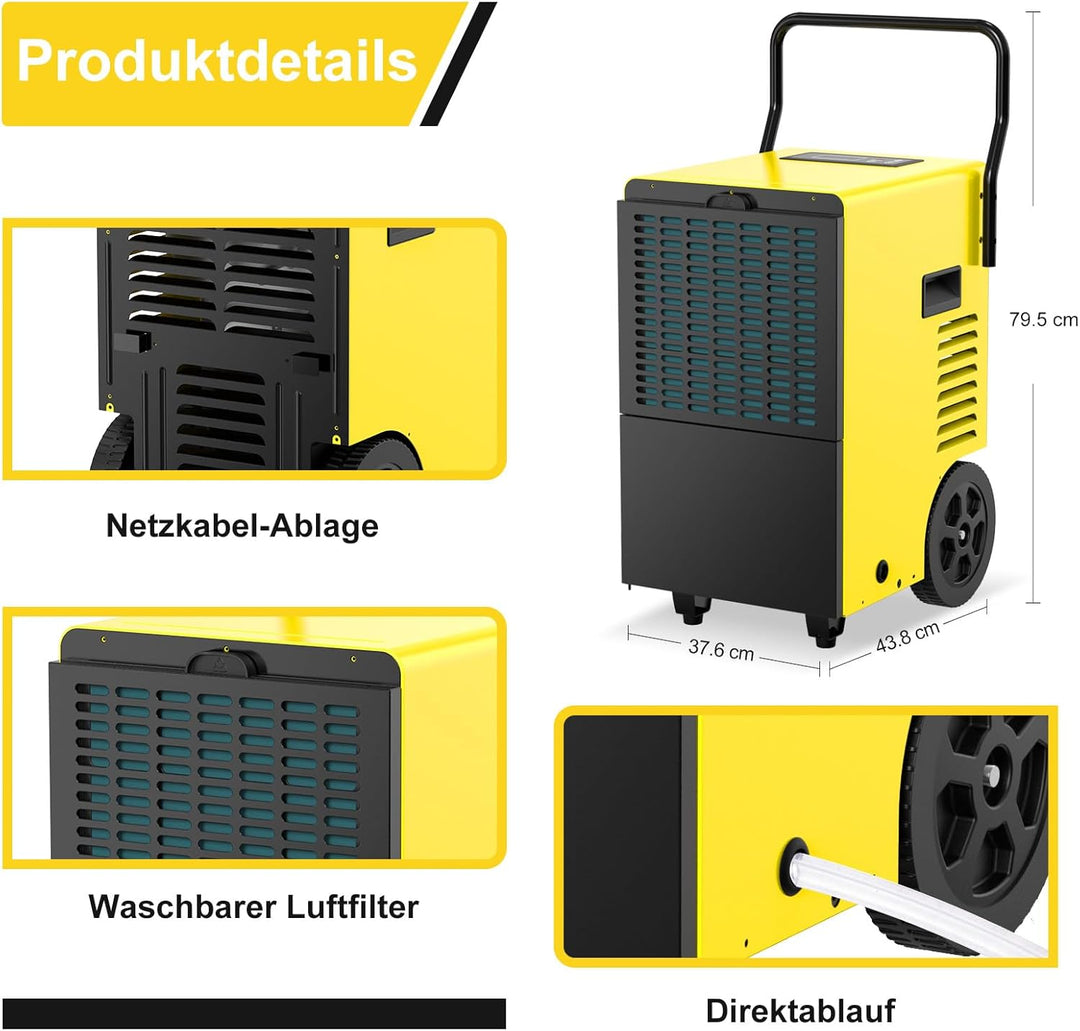 Bautrockner Luftentfeuchter Keller 50 L/Tag mit Integrierte Pumpe - Fläche 150 m²/380 m³ - 24Hr Time