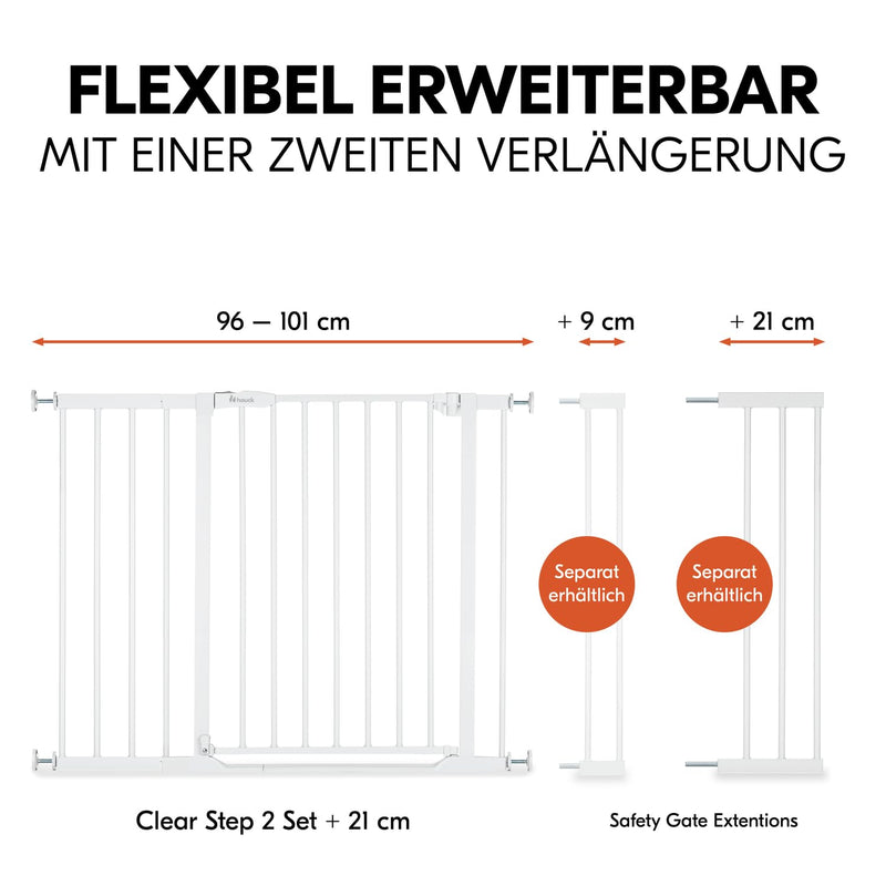 Hauck Treppenschutzgitter Türschutzgitter Clear Step 2 inkl. 21 cm Verlängerung für Breiten 96-101 c