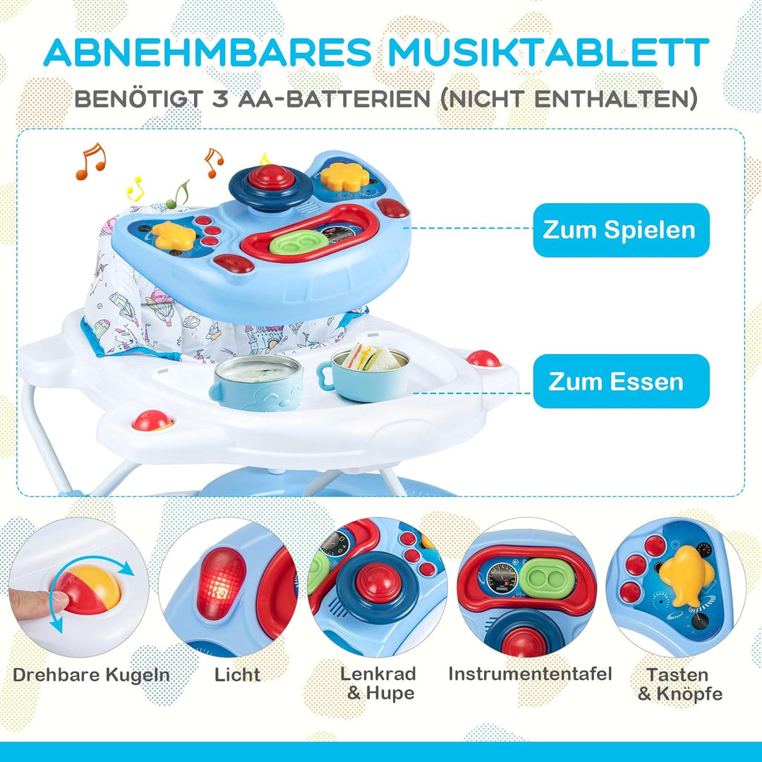 DREAMADE 6-in-1 Lauflernhilfe, Höhenverstellbar Baby Walker mit Musik & Abnehmbarem Sitz, Lauflernwa