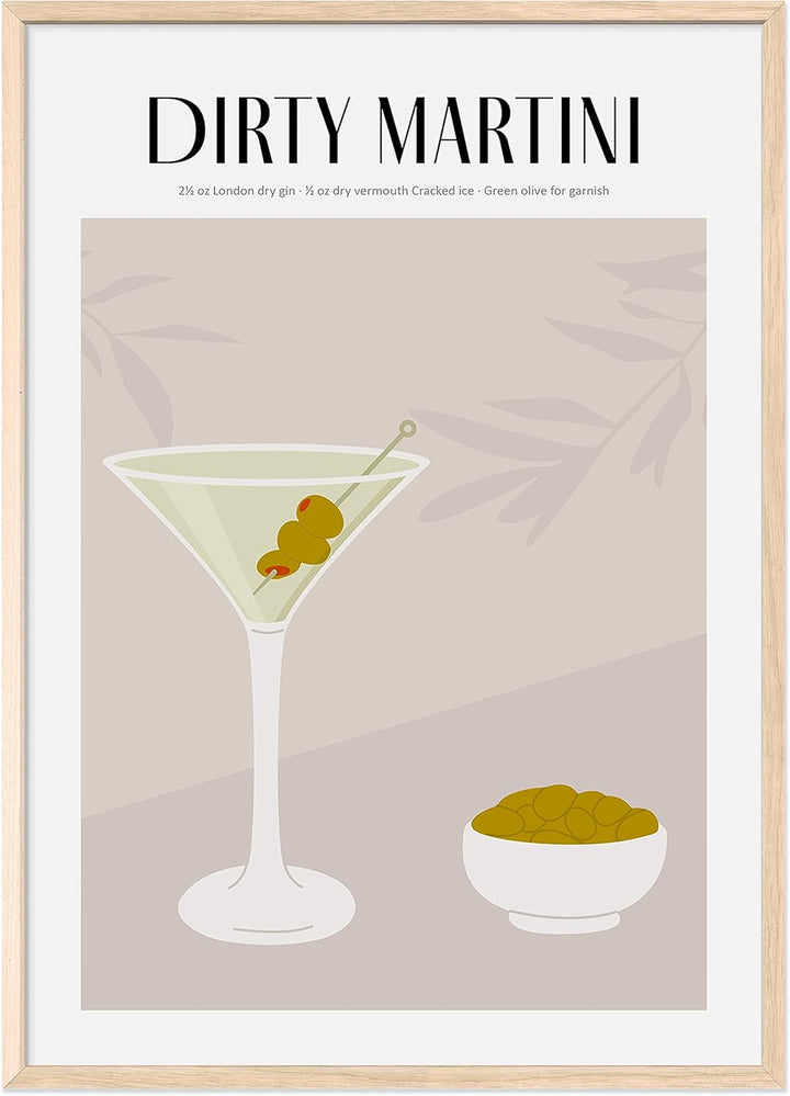 JUNOMI® Dirty Martini Poster DIN A2, Cocktail, Longdrink, Bar, Getränke, Cocktail Set | Mit Rahmen N