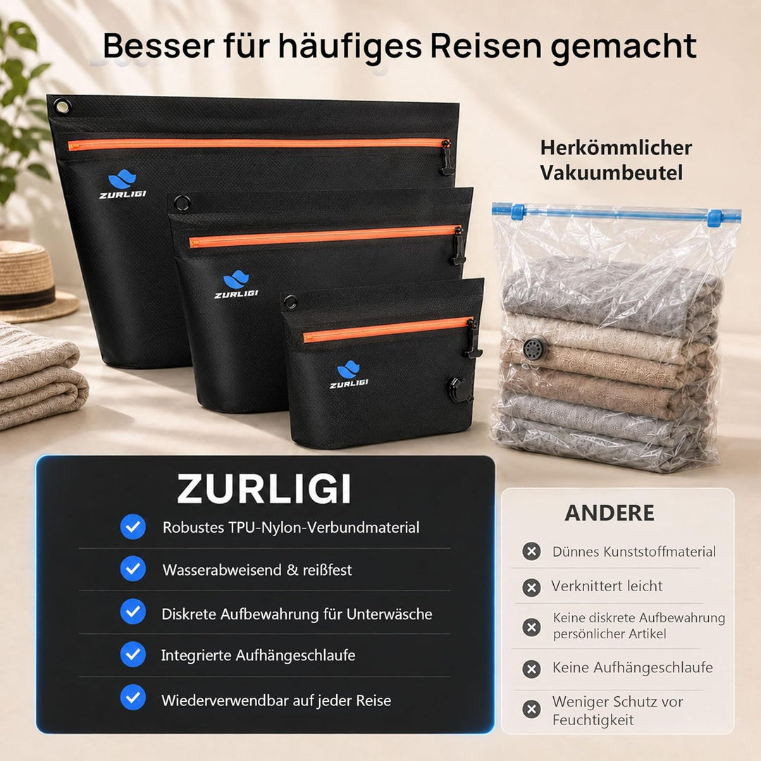 Zurligi Reise-Vakuumbeutel mit Pumpe, 3er-Set, IPX8 wasserdichte & robuste TPU Vakuum-Kompressionsbe