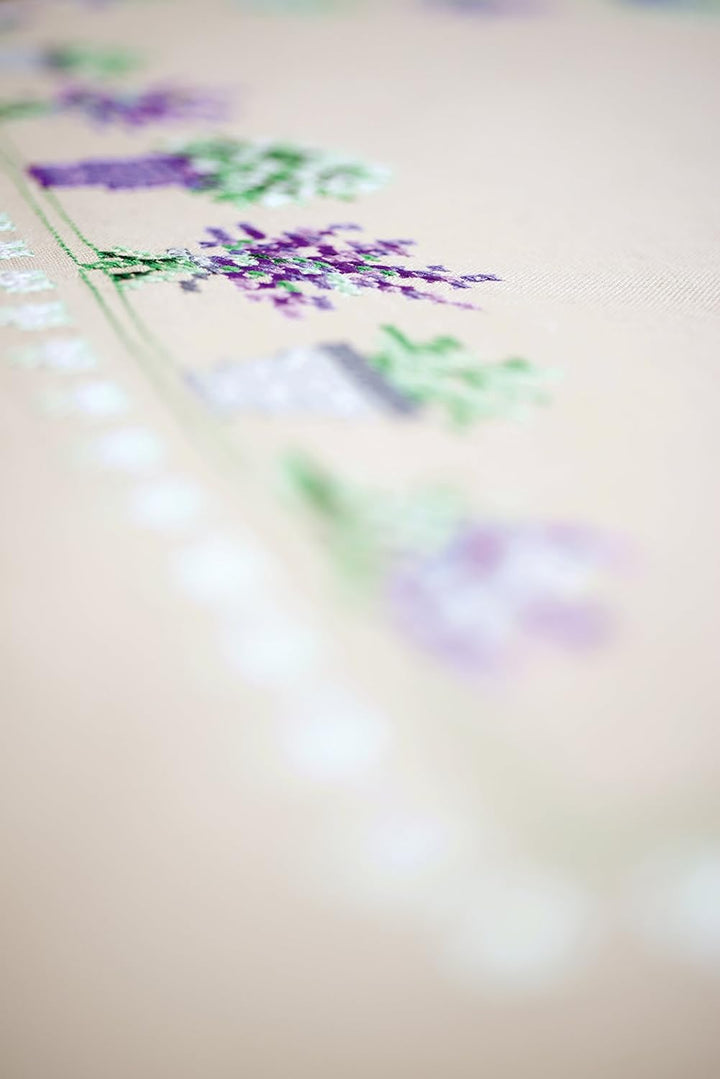 Vervaco Tischdecke Lavendel, Stickbild vorgezeichnet Bedruckte Decke mit Webrand, Baumwolle, Mehrfar