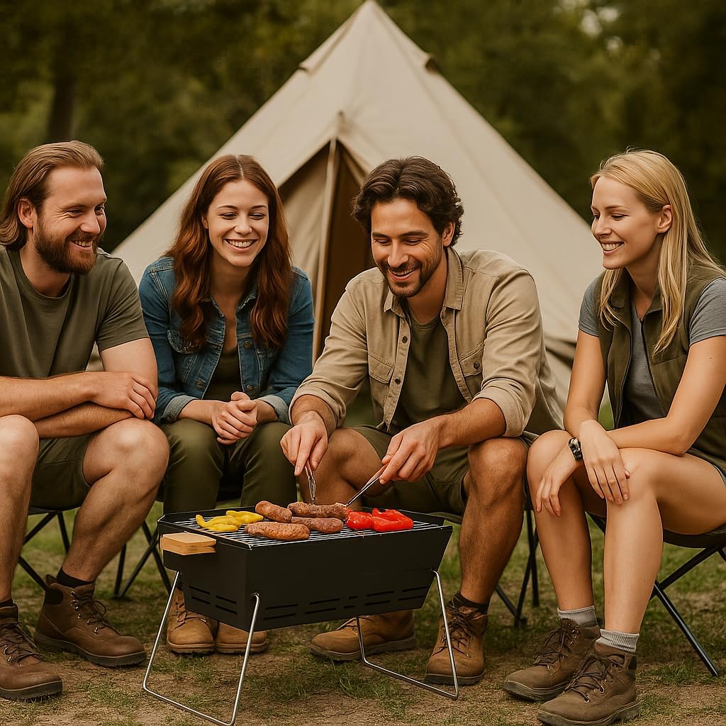 Mobiler Holzkohlegrill BBQ-Gril aus Edelstahl; Tragbarer Camping Grill & Feuerschale für 2–5 Persone