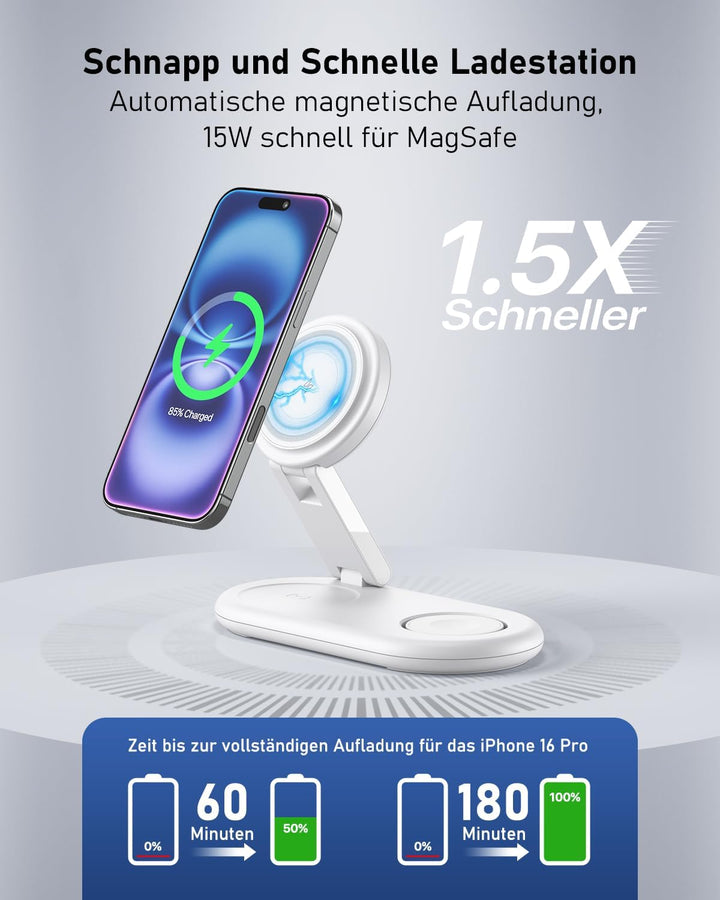 Tragbare 3 IN 1 Ladestation kompatibel mit Apple Watch und iPhone, Mag-Safe Ladegerät für iPhone 17