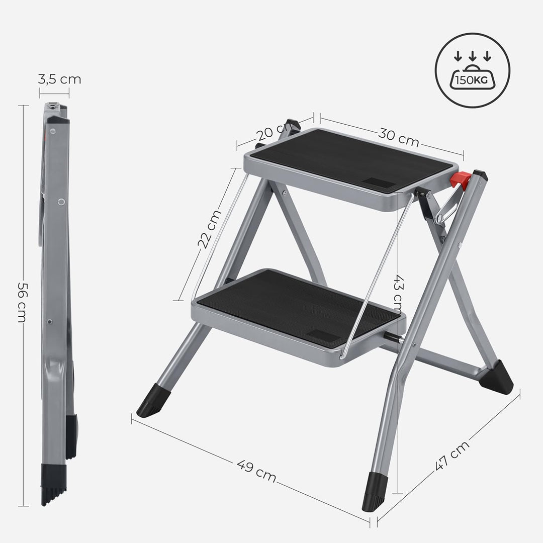 SONGMICS Klapptritt mit 2 Stufen, Trittleiter, Leiter, 20 cm breite Stufen, rutschfeste Gummimatte,