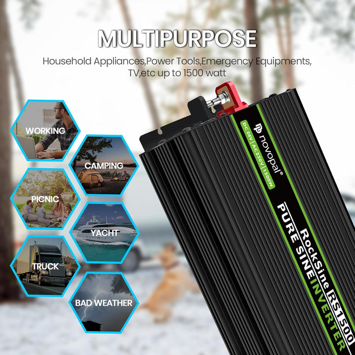 NOVOPAL 1500W Wechselrichter 24V auf 230V Reiner Sinus Spannungswandler mit LiFePO4 Power Inverter m