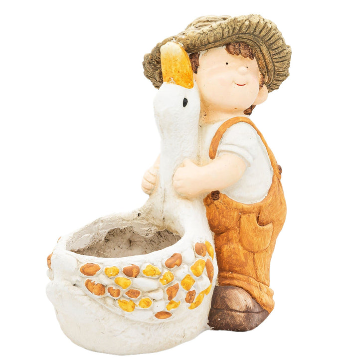 Wichtelstube-Kollektion XL Gartenfigur Dekofigur Martin mit Gans als Blumentopf Gartendeko Figuren f