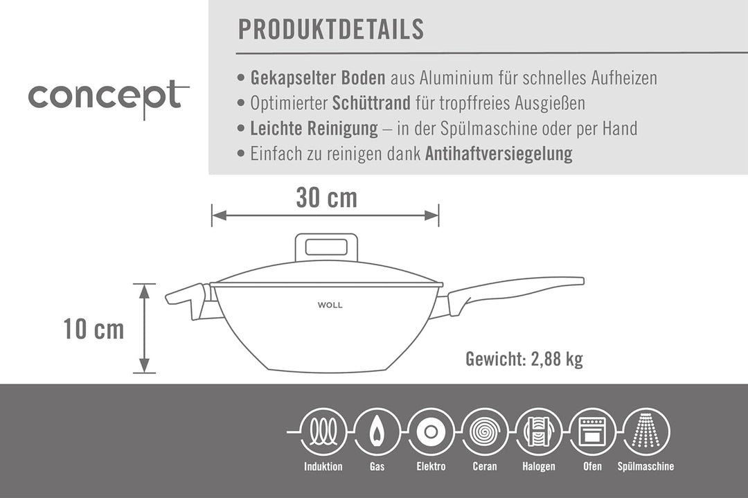 Woll Concept Wok- und Rührpfanne - Induktiv -, Ø 30 cm, 10 cm hoch, Geeignet für alle Herdarten, Ede