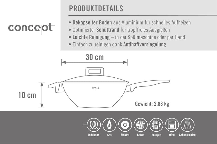 Woll Concept Wok- und Rührpfanne - Induktiv -, Ø 30 cm, 10 cm hoch, Geeignet für alle Herdarten, Ede