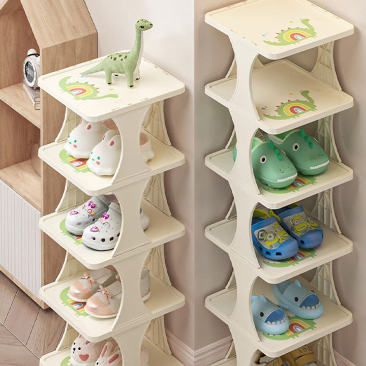 Schuhregal Kinder Verstellbar, 6 Stöckige Schuhregal Schmal und Hoch, Shoe Rack Weiss mit Dinosaurie