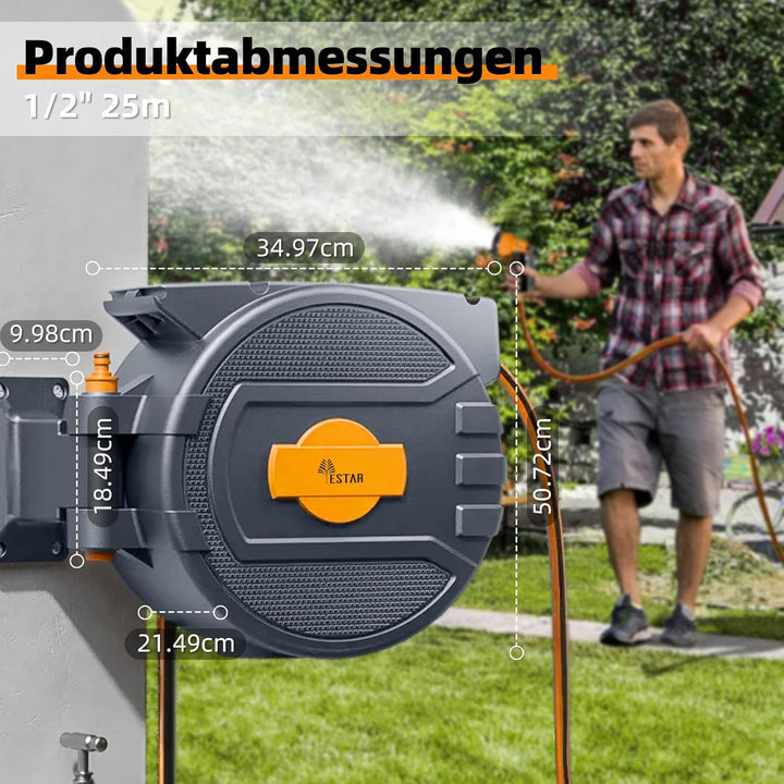 Schlauchtrommel 25m+2m, Schlauchaufroller mit Aufroll-Automatik & 180° Schwenkbar, Wand-Schlauchbox