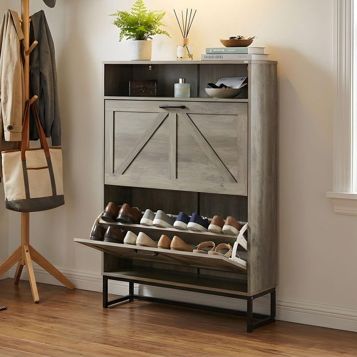 HOKEEPER Schuhschrank aus Holz, Schuhschrank 2 Klappen, Schuhkipper, Schmaler,freistehendes schmales