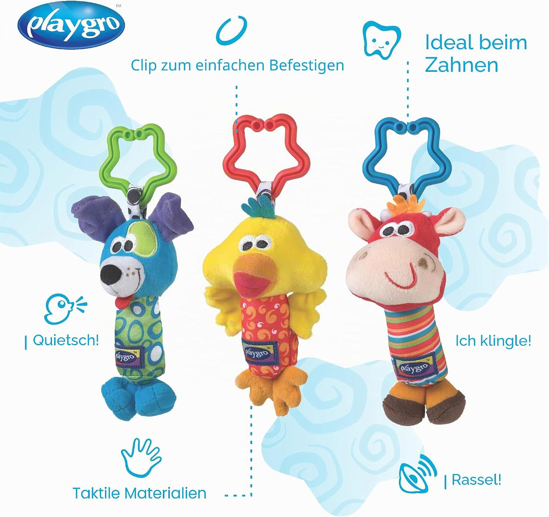 Playgro Spieltier-Trio für unterwegs, Mit Quietsche, Rassel und Glöckchen, Ab 0 Monaten, Mehrfarbig,