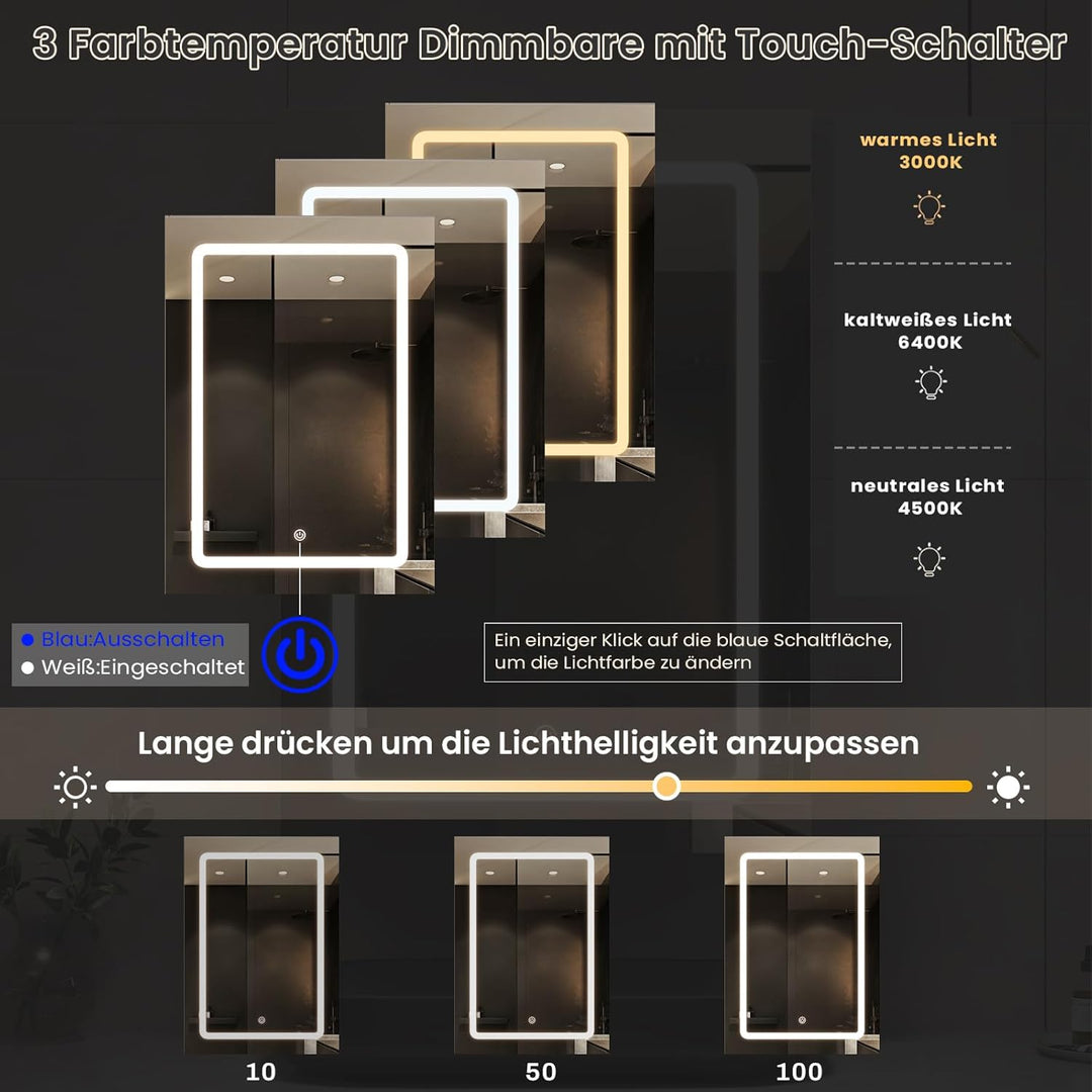 DICTAC Spiegelschrank Bad mit Led Beleuchtung 50x16x70cm Einzeltür Badezimmer spiegelschrank mit lic