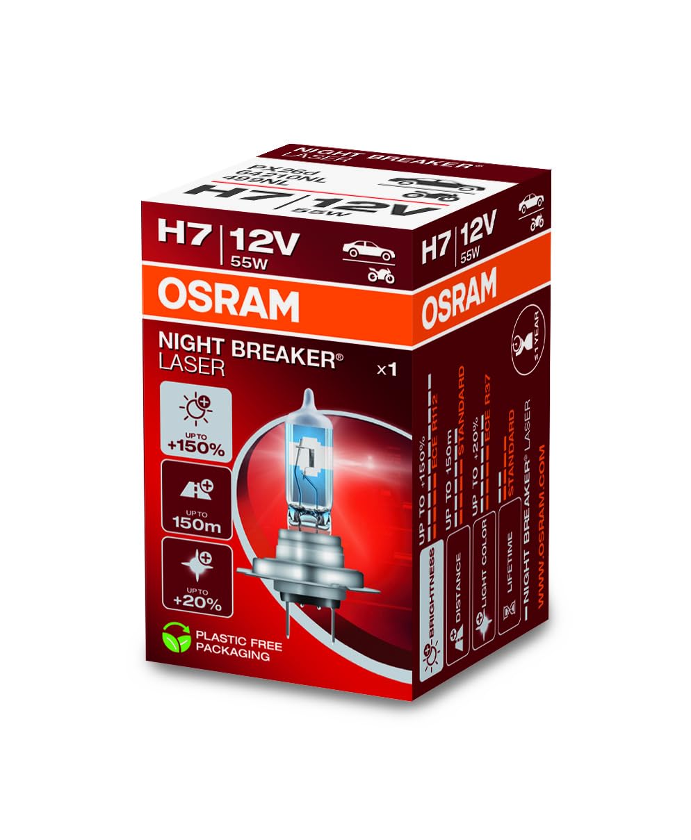 Osram NIGHT BREAKER LASER H7, +150% mehr Helligkeit, Halogen-Scheinwerferlampe, 64210NL, 12V PKW, Fa