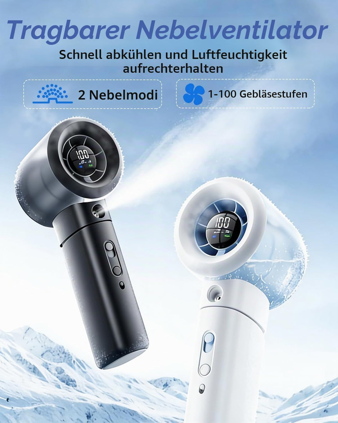 Tragbarer Turbo Handventilator mit Wasserkühlung, Kleiner Sprühventilator USB Wiederaufladbar, Digit