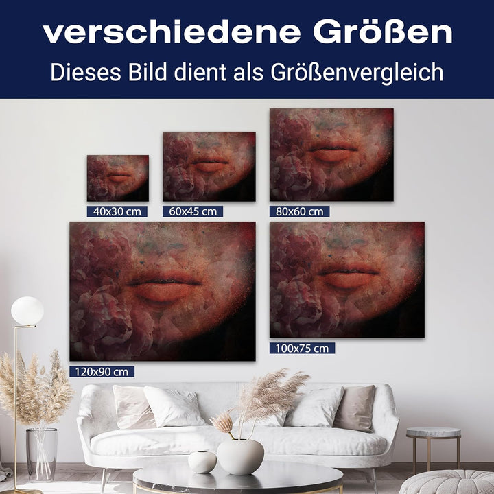 wandmotiv24 Leinwandbild Frauen-Lippen, Querformat, Lippen, Blumen, Beton M0356 80x60cm Leinwandbild