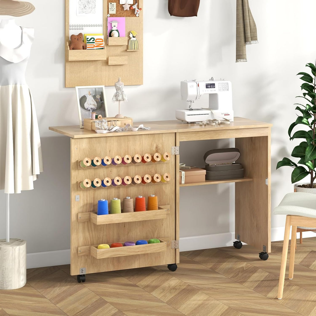 LIFEZEAL Nähmaschinenschrank klappbar, Nähschrank 2 in 1, Schreibtisch Holz mit Haken, Ablage &amp; Roll