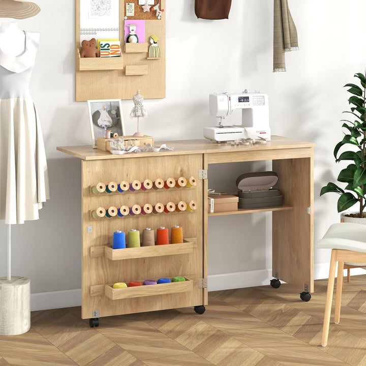 LIFEZEAL Nähmaschinenschrank klappbar, Nähschrank 2 in 1, Schreibtisch Holz mit Haken, Ablage &amp; Roll
