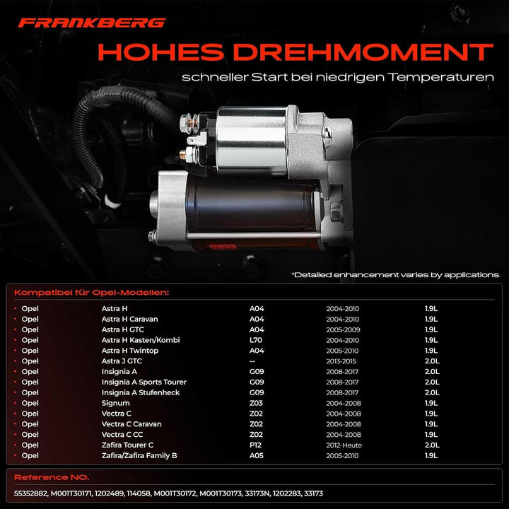 Frankberg Anlasser Starter 1,7KW Kompatibel mit Astra J GTC 2012-2015 Insignia A G09 2008-2017 Zafir
