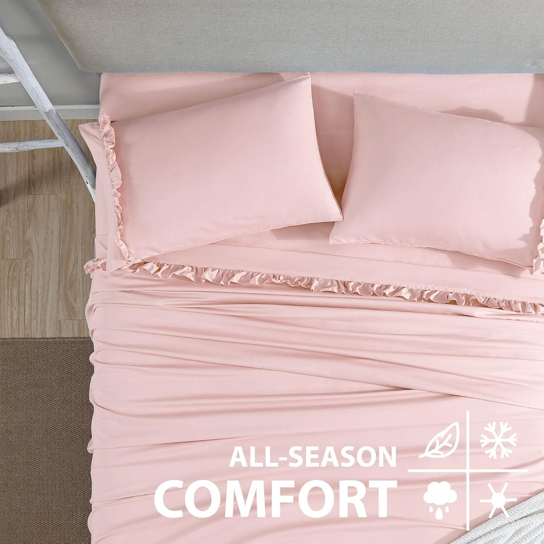 Swift Home Hudson & Main ultrasoftes Elegante gerüschter Saum-Bettlaken-Set Full Rose Blush Rose Blu