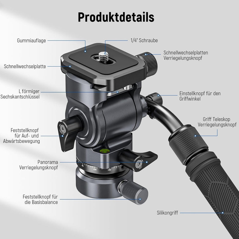 NEEWER Fluidkopf für Videostativ mit +/-10° Nivellierbasis (⌀37mm), Metall Stativkopf Videokopf mit