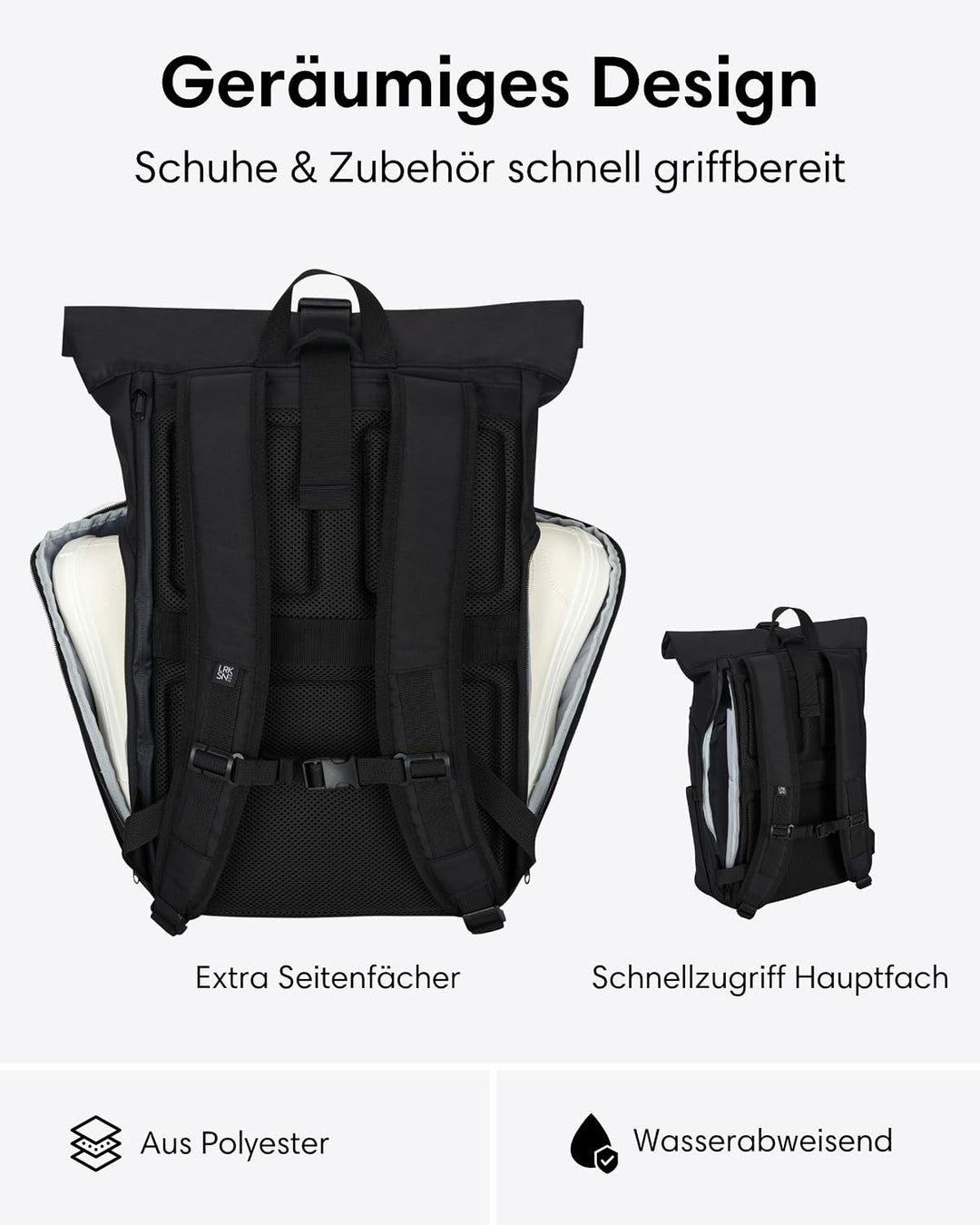 LARKSON Rucksack Damen &amp; Herren Schwarz – No 4 Large, Schwarz