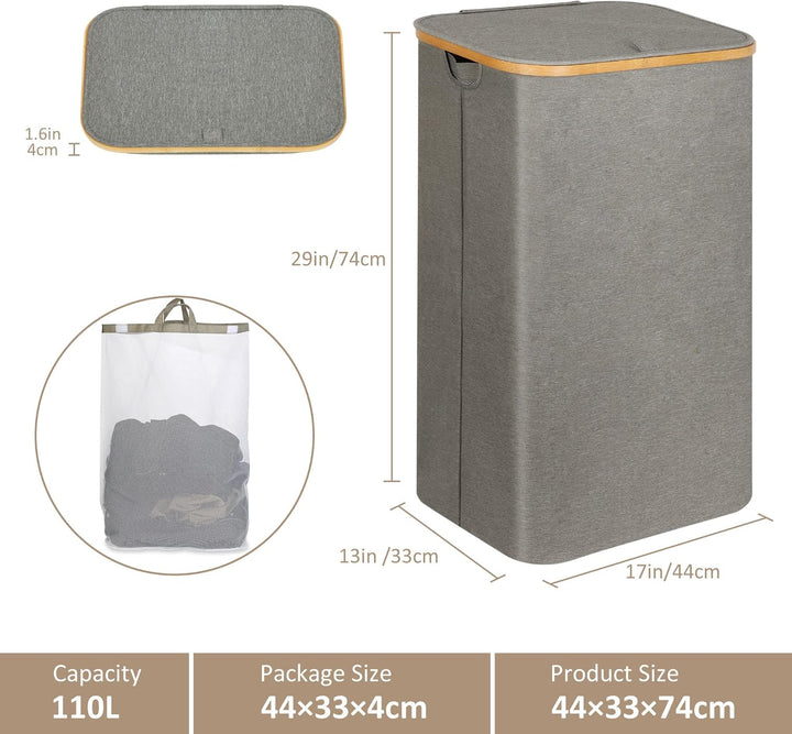 Wäschekorb mit Deckel 110L, XL-Extra grosser Wäschesammler mit Herausnehmbarer und Waschbarer Innent