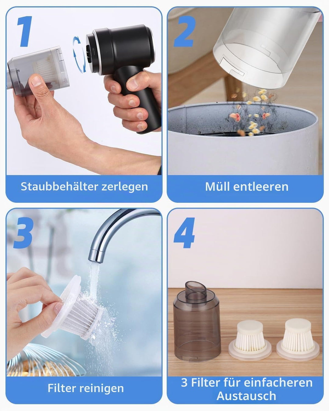 Handstaubsauger Akku Kabellos, 8000Pa Leistungsstarker Handstaubsauger Akku, 3-in-1 Staubsauger kabe