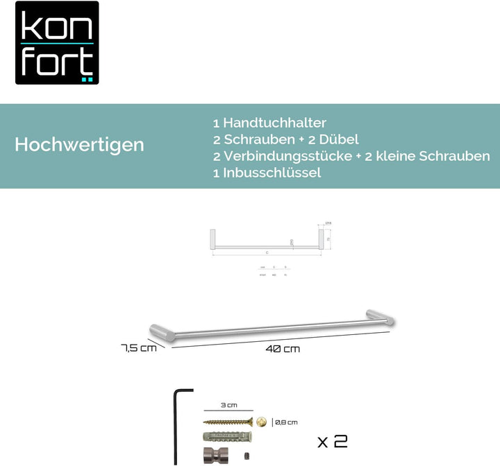 Kon-fort Home Handtuchhalter 40cm zum Bohren Bad, Edelstahl Gebürstet Wandmontage, Handtuchstange Hi