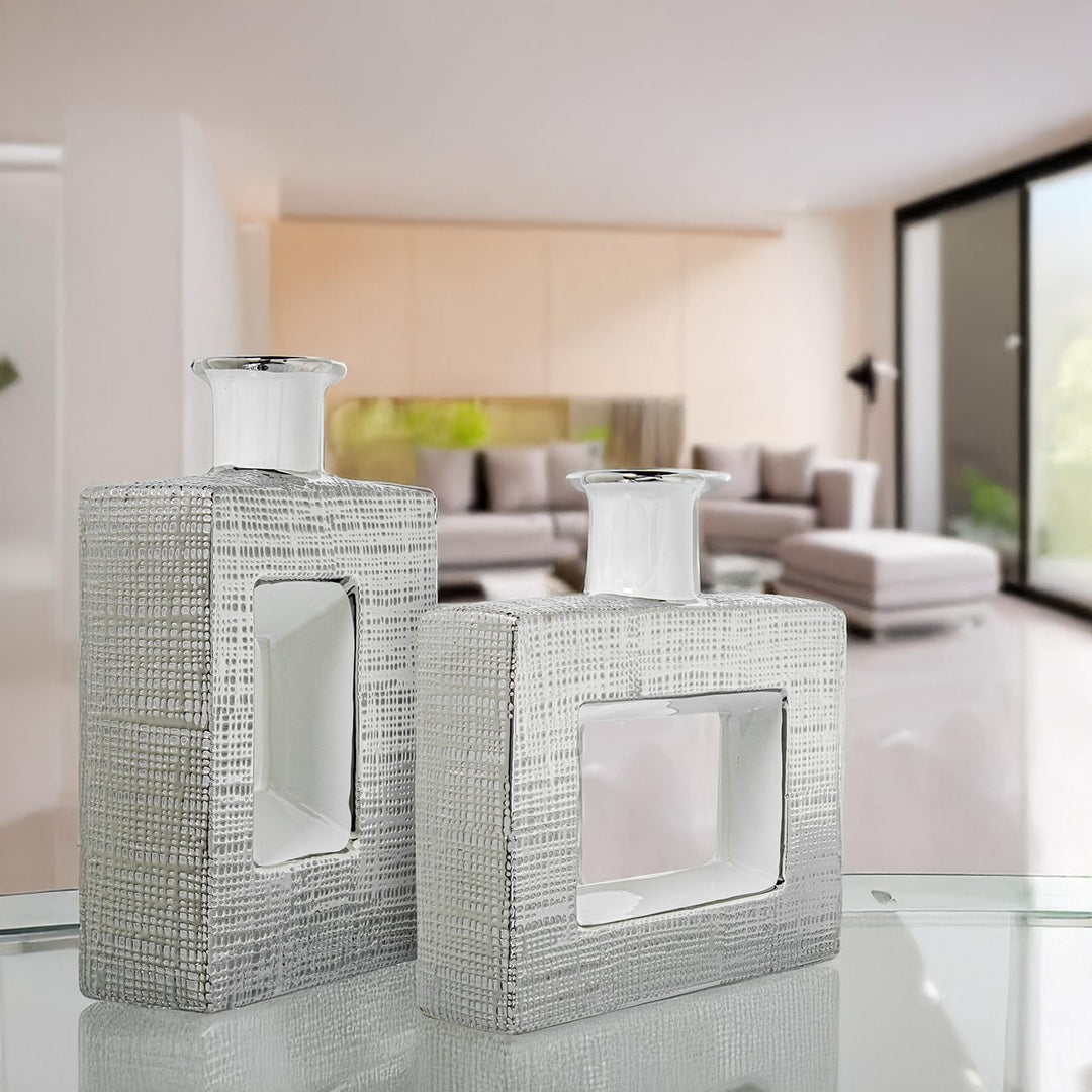 JARRON CERAMICA AGUJERO 24CM PLATA/BLANCO BRILLO_24X6X24CM